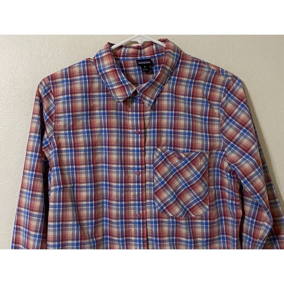 Patagonia Women's Medium Long Sleeve Snap Button Plaid Shirt Red Blue White - Picture 2 of 9